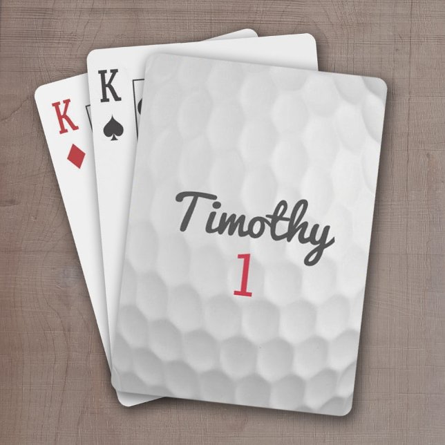 Golf Ball Dimples with Black Name Red Number Poker Cards (Classic Golf Design - Personalize these golf-themed playing cards)