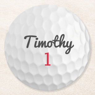 Golf Ball Dimples with Black Name Red Number Round Paper Coaster
