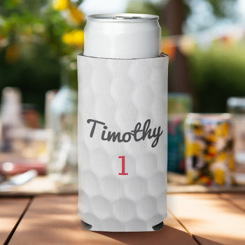Golf Ball Dimples With Black Name Red Number Seltzer Can Cooler by MyRazzleDazzle at Zazzle