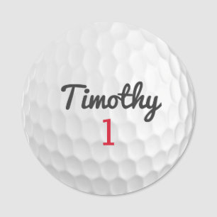 Golf Ball Dimples with Black Name Red Number Tag