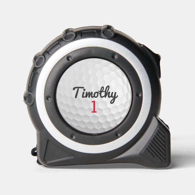 Golf Ball Dimples with Black Name Red Number Tape Measure (Front)