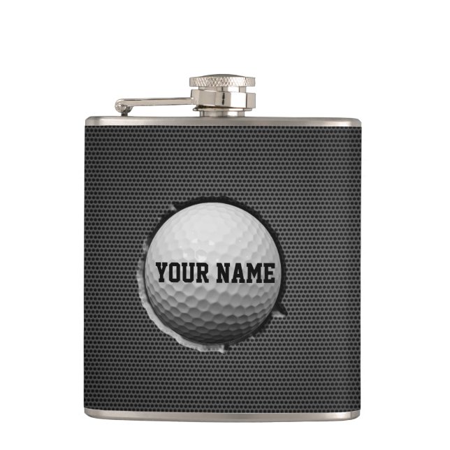 Golf Ball Embed Dark Metal Background Hip Flask (Front)