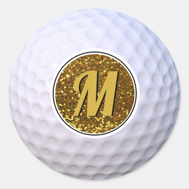 Golf Ball Faux Gold Glitter Customizable Monogram Classic Round Sticker (Front)