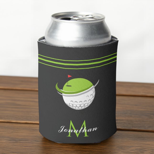 Golf Ball & Flag Custom Name Initial Striped Gray Can Cooler (Creator Uploaded)