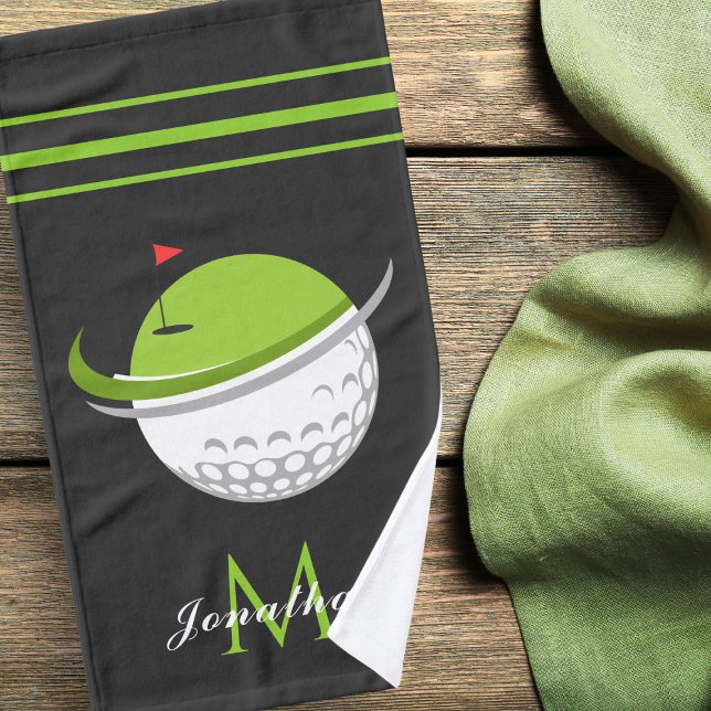 Golf Ball & Flag Custom Name Monogram Striped Gray Hand Towel (Creator Uploaded)