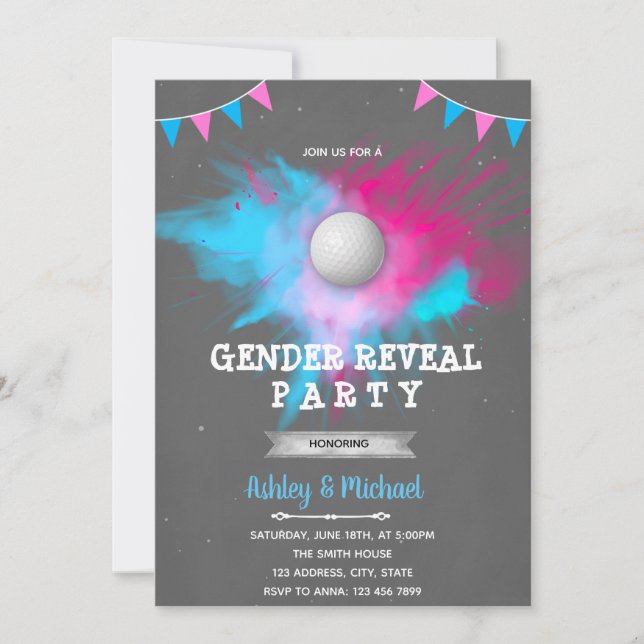 Golf ball gender reveal party invitation (Front)