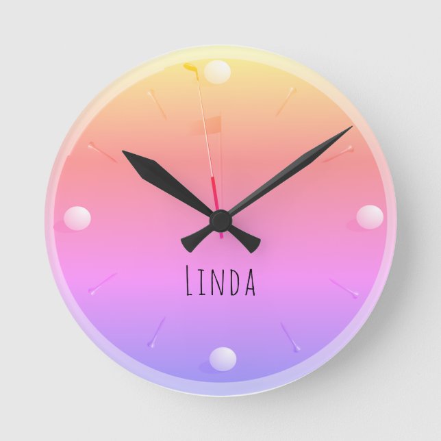 Golf Ball Green Neon Pink Athletic Personalized Round Clock (Front)