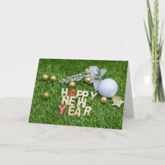 Golf ball Happy New year with silver leaves Card