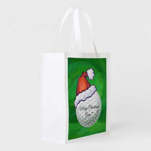 Golf Ball in Santa Hat on Green with Words Grocery Bag