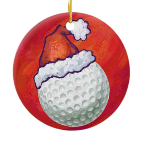 Golf Ball in Santa Hat on Red Ceramic Ornament