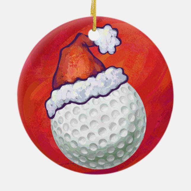 Golf Ball in Santa Hat on Red Ceramic Ornament (Back)