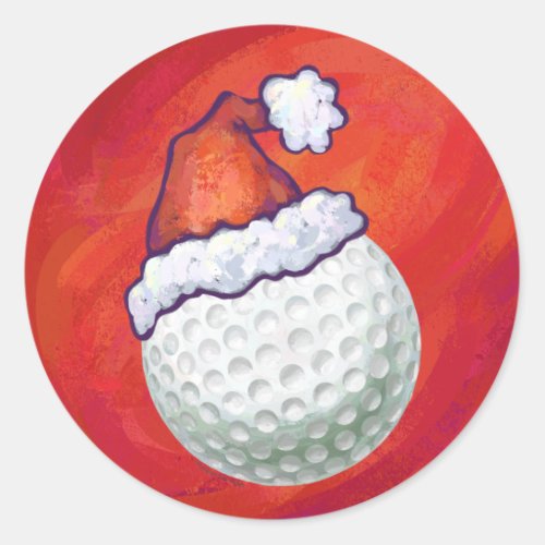 Golf Ball in Santa Hat on Red Classic Round Sticker