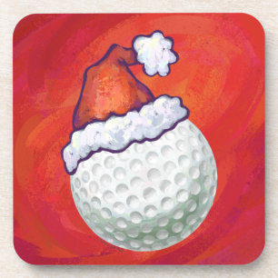 Golf Ball in Santa Hat on Red Drink Coaster