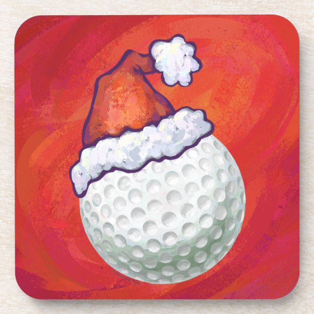 Golf Ball in Santa Hat on Red Drink Coaster (Front)