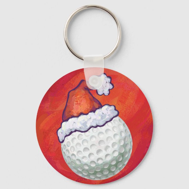 Golf Ball in Santa Hat on Red Keychain (Front)
