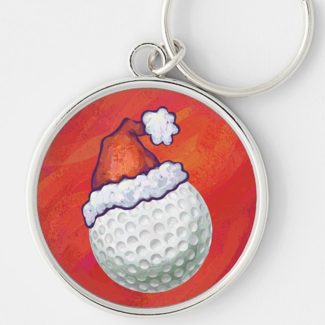 Golf Ball in Santa Hat on Red Keychain (Front)