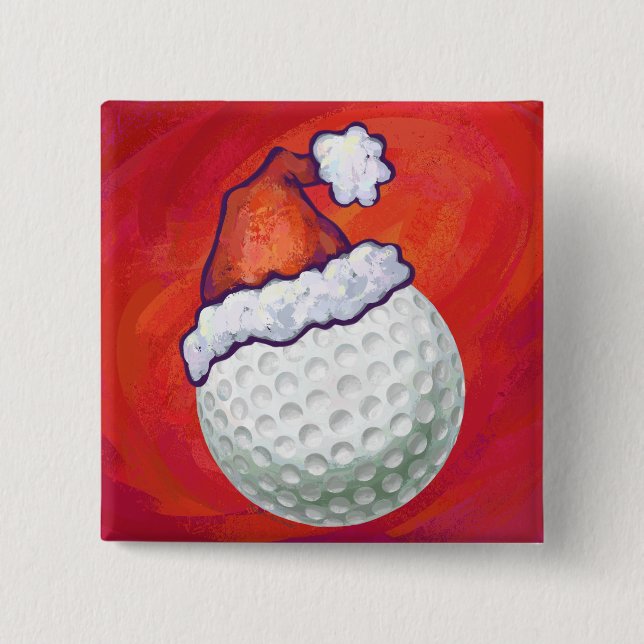 Golf Ball in Santa Hat on Red Pinback Button (Front)