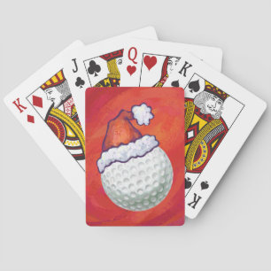 Golf Ball in Santa Hat on Red Poker Cards