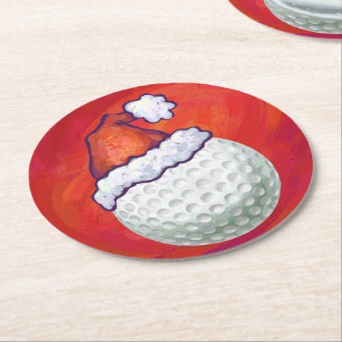 Golf Ball in Santa Hat on Red Round Paper Coaster