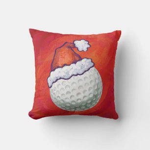 Golf Ball in Santa Hat on Red Throw Pillow