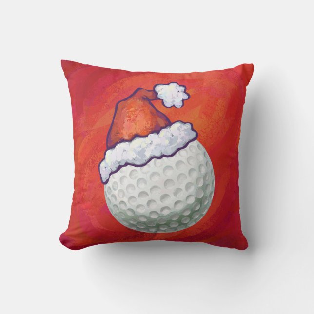 Golf Ball in Santa Hat on Red Throw Pillow (Front)