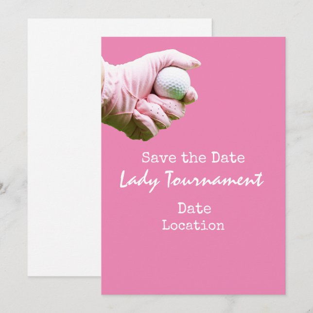 Golf ball is in lady golfer's hand on pink invitation (Front/Back)