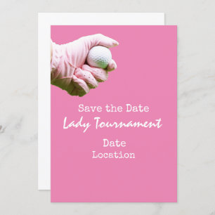 Golf ball is in lady golfer's hand on pink invitation