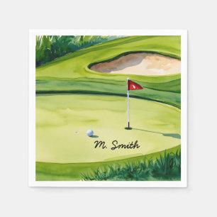 Golf ball is on putting green with your name napkins