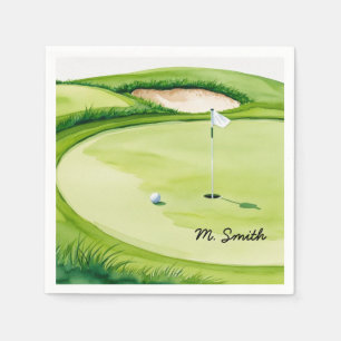 Golf ball is on putting green with your name napkins