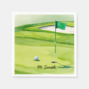 Golf ball is on putting green with your name napkins