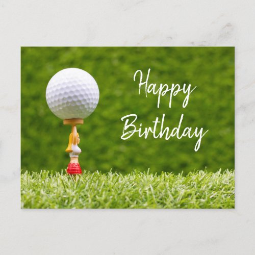 Golf ball is on tee on green grass background  car postcard