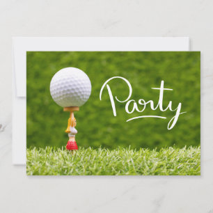 Golf ball is on tee on green grass background invitation
