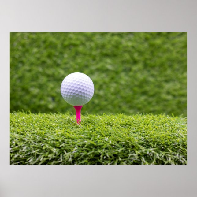 Golf ball is on tee on green grass background   po poster (Front)