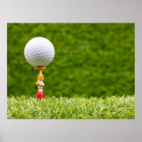 Golf ball is on tee on green grass background   poster