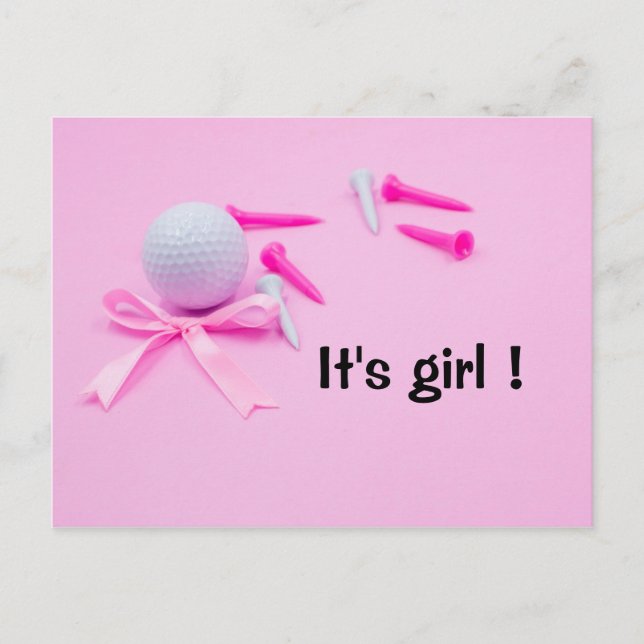 Golf ball it is girl baby shower on pink postcard (Front)