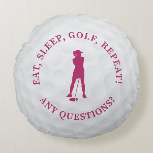 Golf Ball Lady Golfer Silhouette Cute Custom Pink Round Pillow
