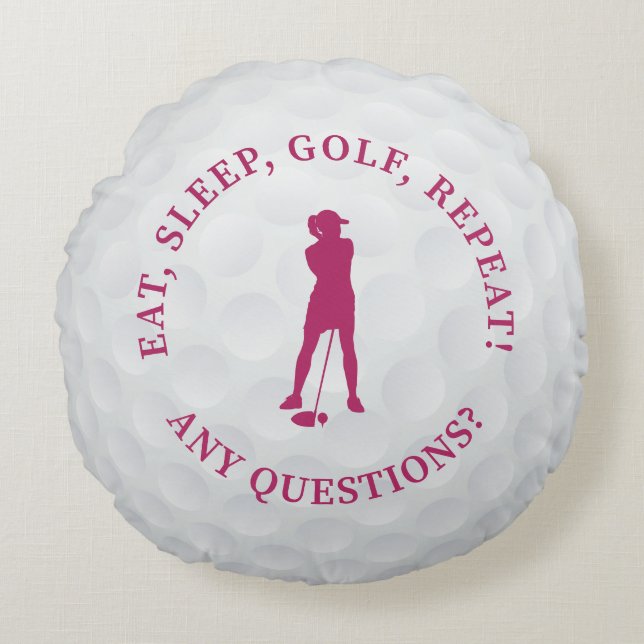 Golf Ball Lady Golfer Silhouette Cute Custom Pink Round Pillow (Front)