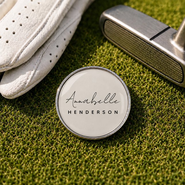 Golf Ball Marker | Cream Personalized Golfing Gift (Neutral cream personalized golf ball marker with script name style for golfer gifts.)