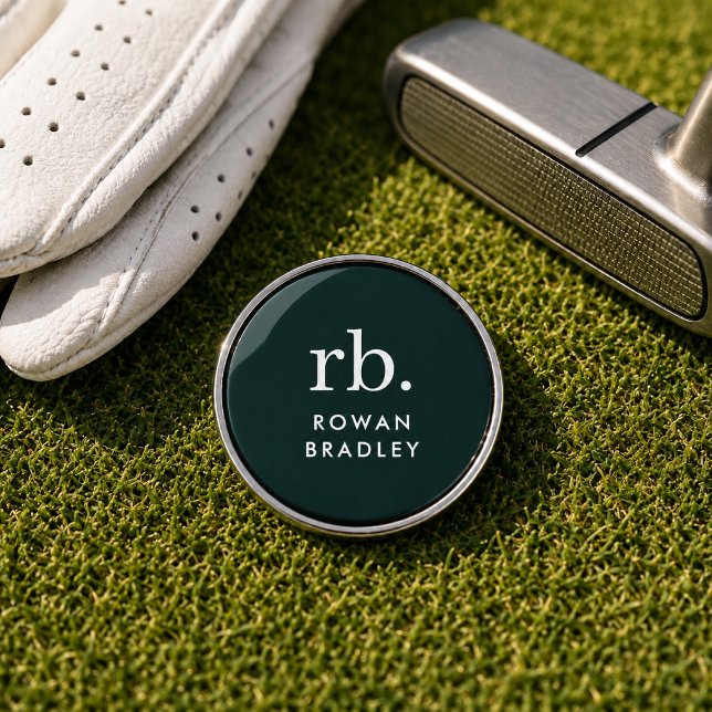 Golf Ball Markers | Custom Monogram Golfer Gift (Dark green custom golf ball marker with player name and monogram initials for course days.)