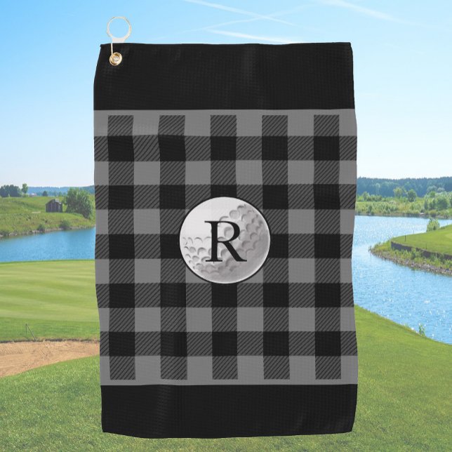 Golf ball monogrammed grey buffalo plaid custom towel (Creator Uploaded)