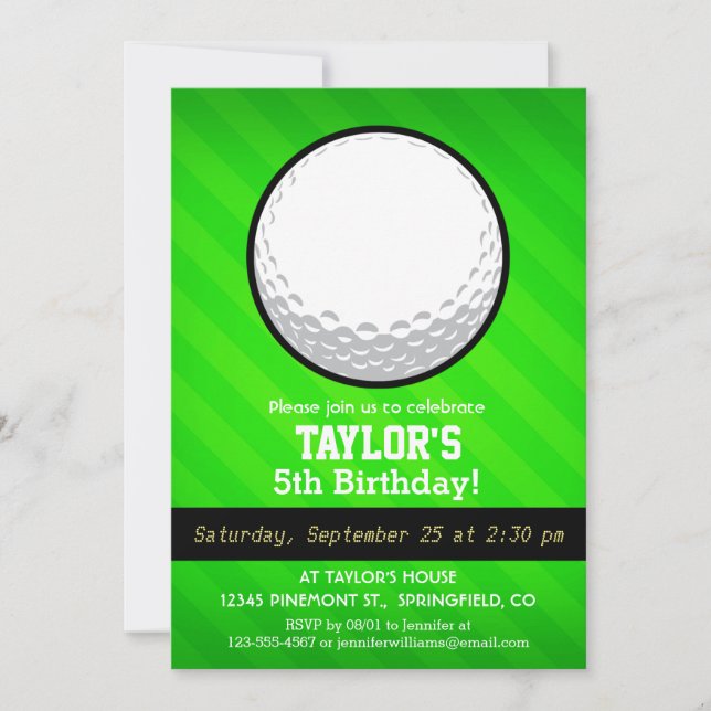 Golf Ball; Neon Green Stripes Invitation (Front)