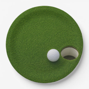 Golf Ball Next to Hole on Green Grass Golf Course  Paper Plates