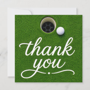 Golf Ball Next to Hole thank you on green grass Card