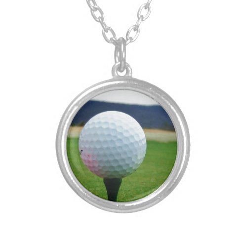 Golf Ball on a mountain golf course Silver Plated Necklace