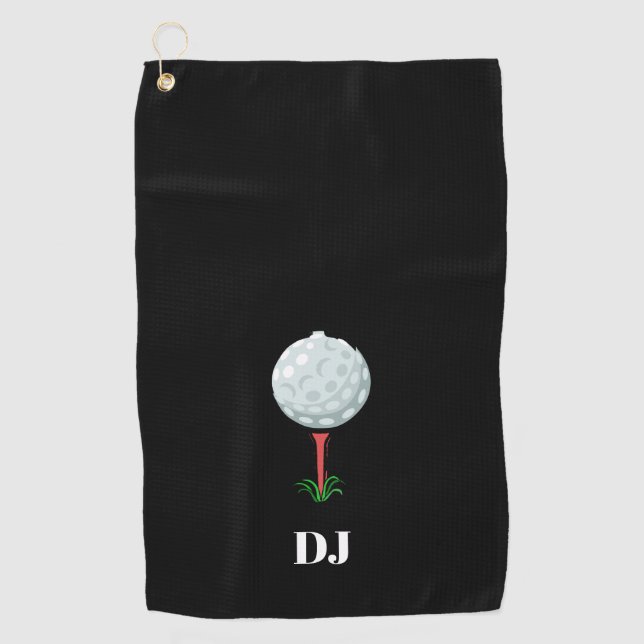Golf Ball on a Tee Black Initials Golf Towel (Front)
