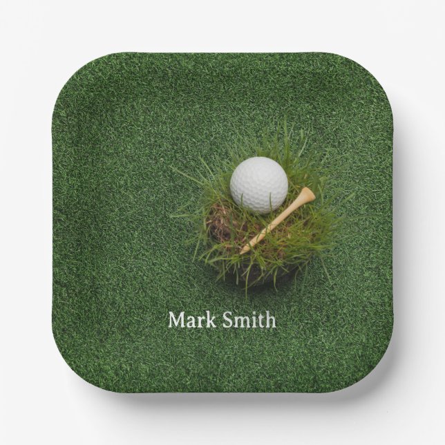 Golf ball on green grass for golfer paper plates (Front)