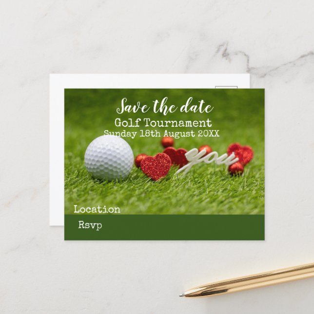Golf ball on green save the date for golfer announ announcement postcard (Front/Back In Situ)