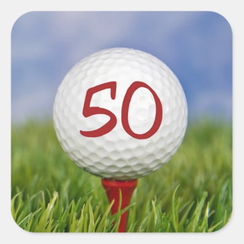 golf ball on red tee 50th birthday square sticker