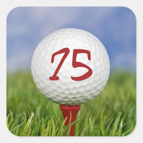golf ball on red tee 75th birthday square sticker