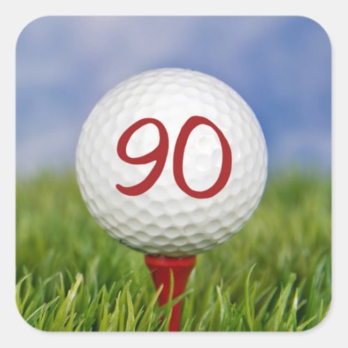golf ball on red tee 90th birthday square sticker